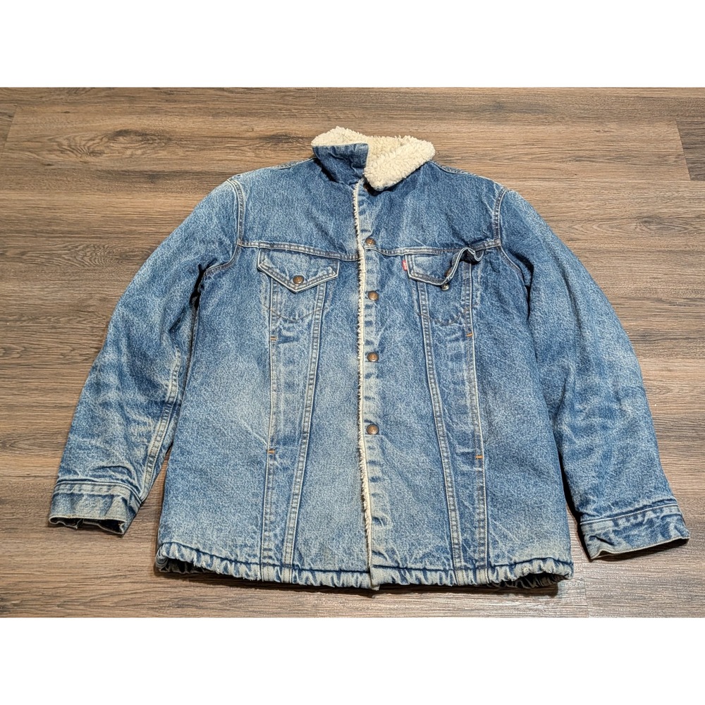 Levis 71605 Sherpa Denim Trucker Jacket Mens 42R Blue Made in USA Vintage 80s